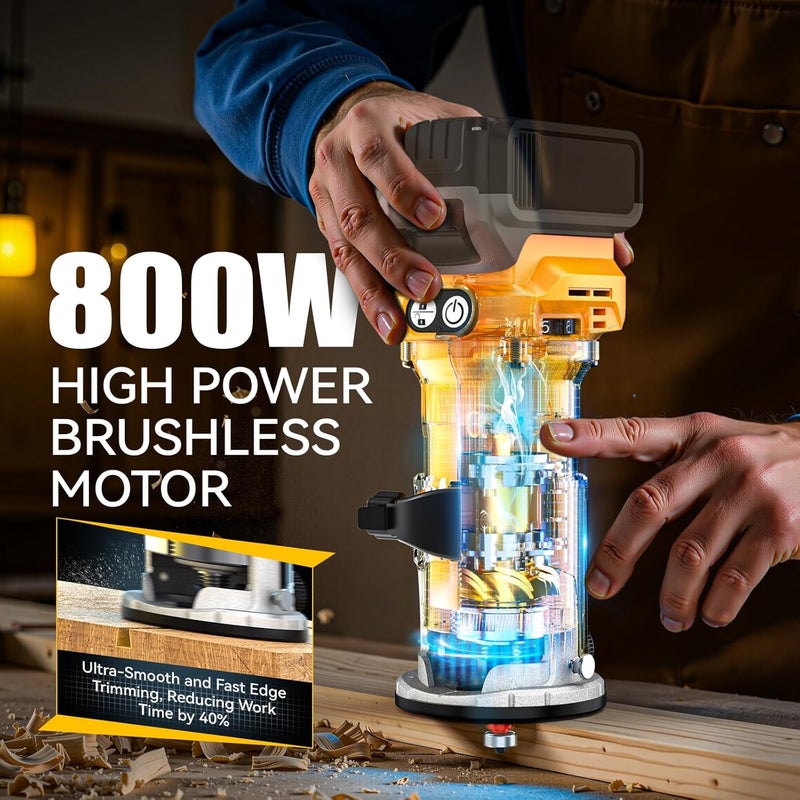 MtiolHig Cordless Compact Router Compatible with DeWalt 20V Battery, With 15Pcs Router Bits 6 Variable Speeds for Woodworking, 800W Fixed Base Wood Router With Trim Bits, Edge & Roller Guide - Image 2